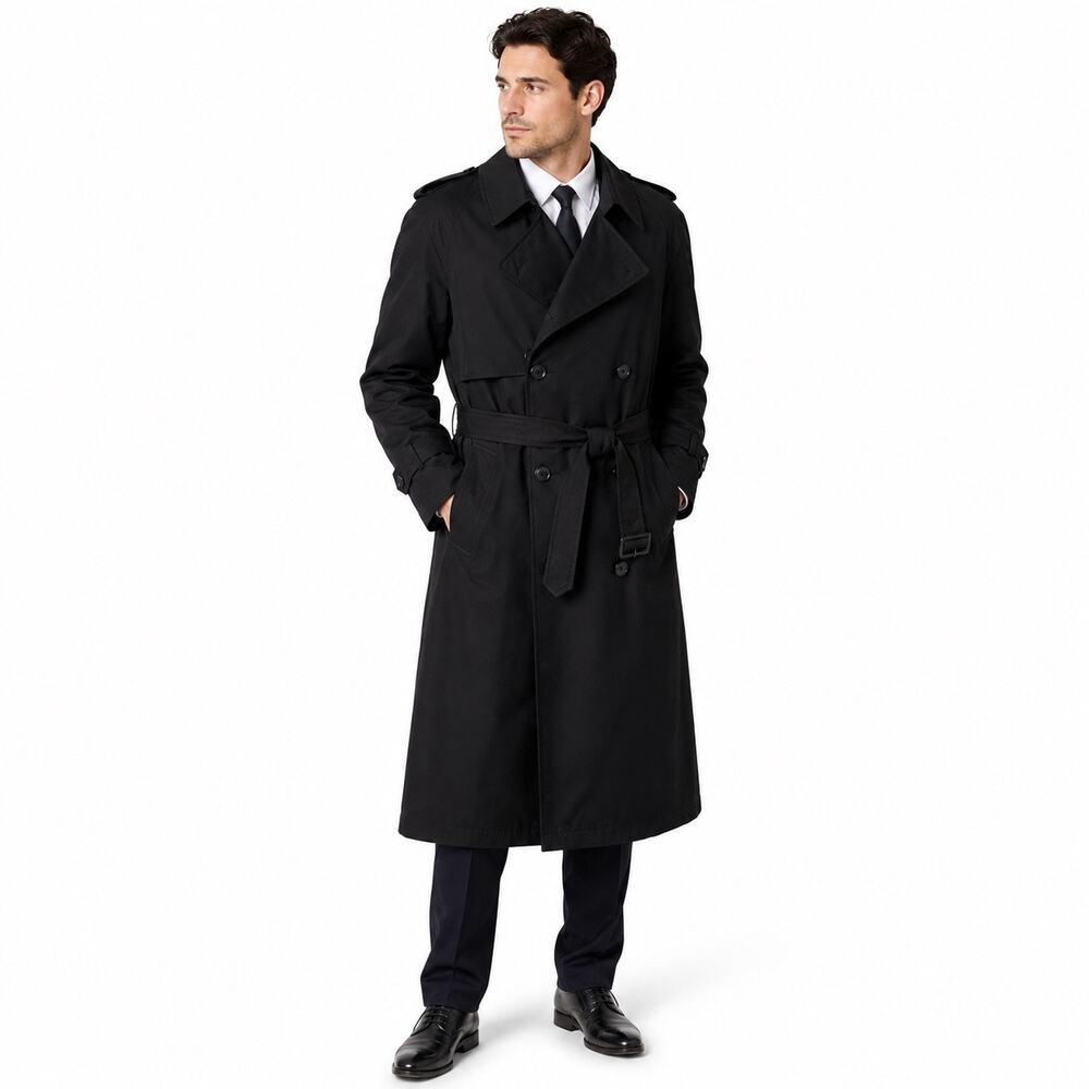 Pierre Cardin Black Double Breasted Trench Coat 42R Belted Cotton Blend Classic
